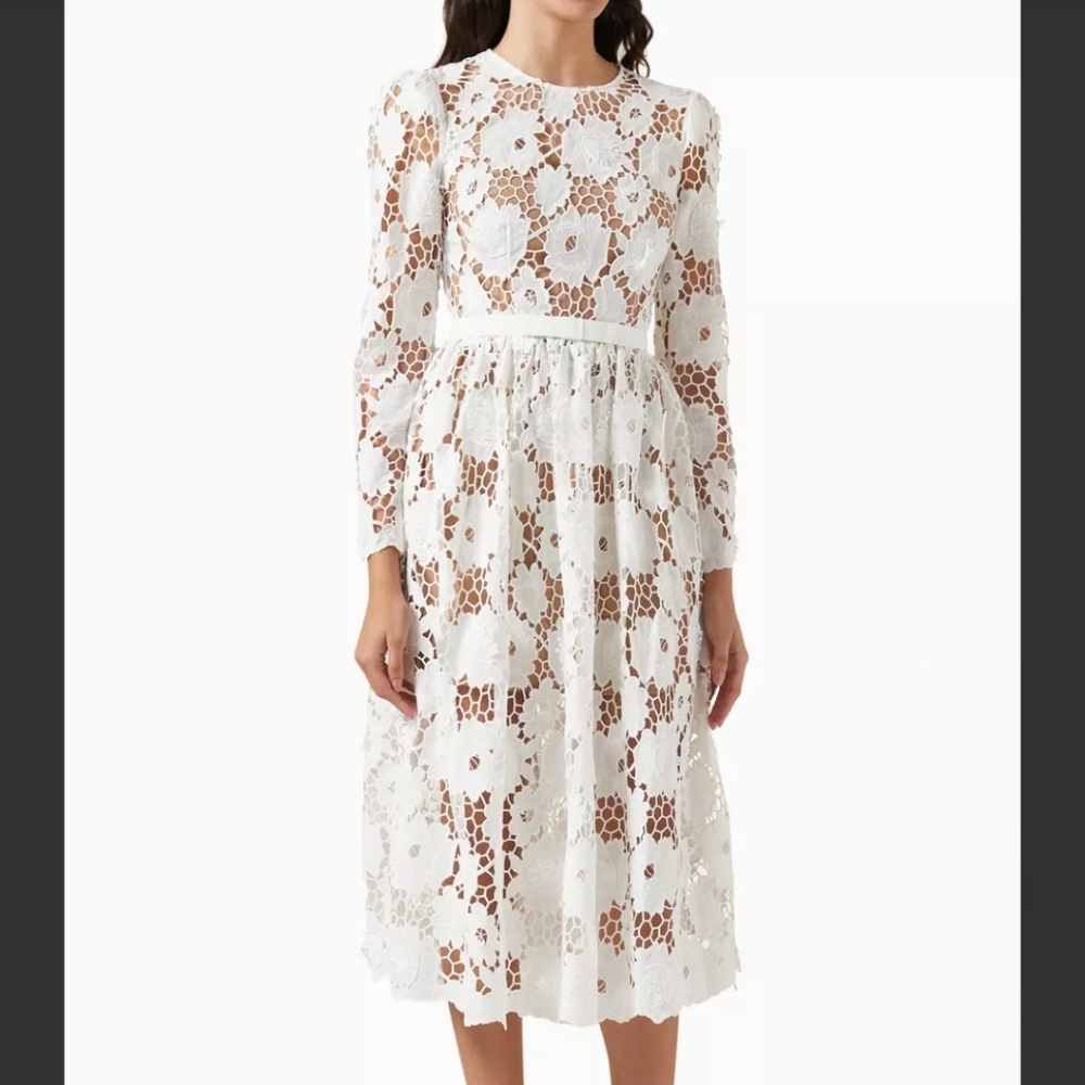 Self-Portrait White Floral Lace Long Sleeve Dress